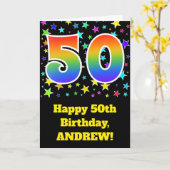 カラフルな星 + 虹パターン"50"誕生日# カード (黄色い花)