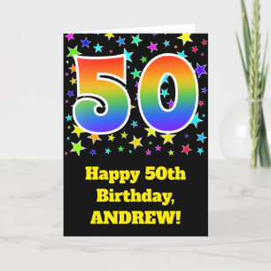 カラフルな星 + 虹パターン"50"誕生日# カード