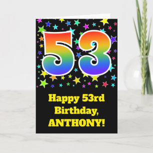 カラフルな星 + 虹パターン"53"誕生日# カード