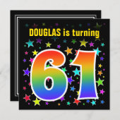カラフルな星 + 虹パターン"61"誕生日# 招待状 (正面/裏面)