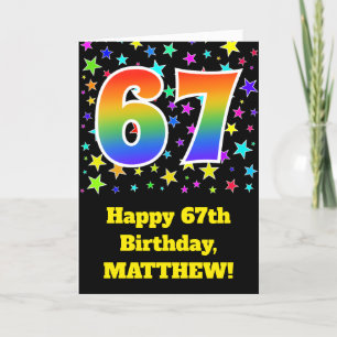 カラフルな星 + 虹パターン"67"誕生日# カード