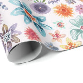 カラフルな春のピンクの花々と緑の草花 ラッピングペーパー (ロールコーナー)