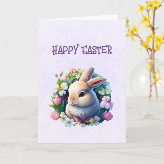 カラフルな春の花に囲まれたイースターの赤ちゃんウサギ カード (黄色い花)