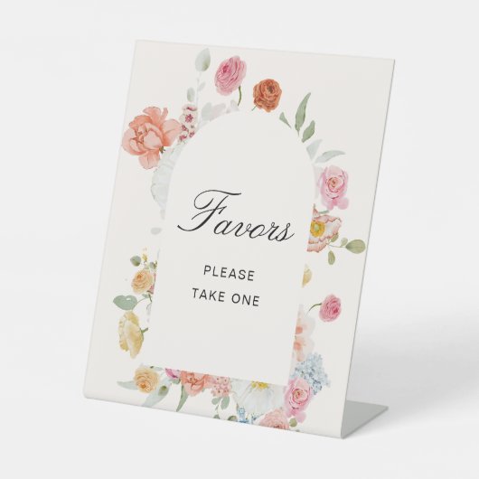 カラフルな春の花のアーチの引き出物 台座サイン (正面)