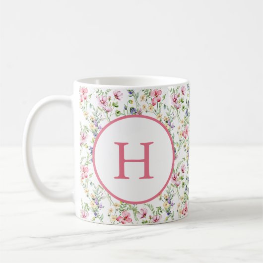 カラフルな春の花の水彩パターンモノグラム コーヒーマグカップ (左)