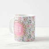 カラフルな春の花の水彩パターンモノグラム コーヒーマグカップ (正面左)