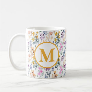 カラフルな春の花の水彩パターンモノグラム コーヒーマグカップ