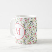 カラフルな春の花の水彩パターンモノグラム コーヒーマグカップ (正面左)