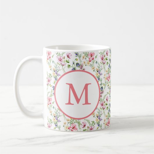 カラフルな春の花の水彩パターンモノグラム コーヒーマグカップ (左)