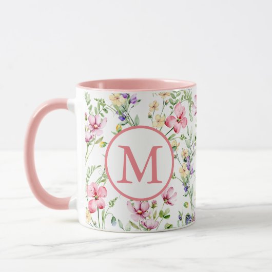 カラフルな春の花の水彩パターンモノグラム マグカップ (左)