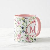 カラフルな春の花の水彩パターンモノグラム マグカップ (正面右)