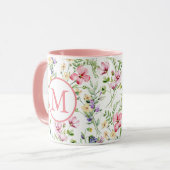 カラフルな春の花の水彩パターンモノグラム マグカップ (正面左)