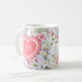 カラフルな春の花の水彩模様のモノグラム コーヒーマグカップ (正面左)