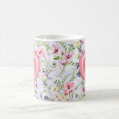 カラフルな春の花の水彩模様のモノグラム コーヒーマグカップ (中央)