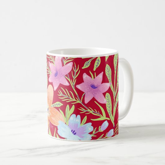カラフルな春の花柄、ラズベリーピンク コーヒーマグカップ (正面右)