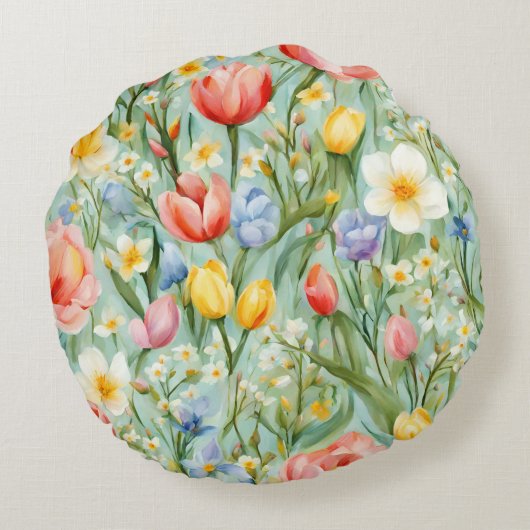 カラフルな春の花畑の絵画 ラウンドクッション (裏面)