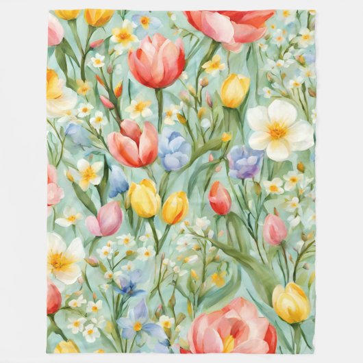 カラフルな春の花畑の絵 フリースブランケット (正面)