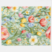 カラフルな春の花畑の絵 フリースブランケット (正面(横))