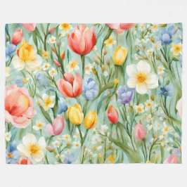 カラフルな春の花畑の絵 フリースブランケット