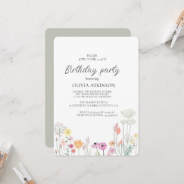 カラフルな春の野の花の誕生日パーティー 招待状