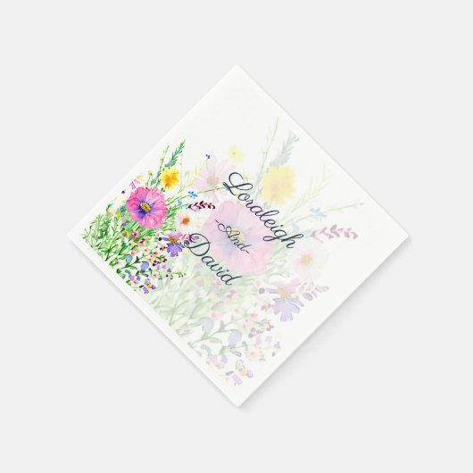 カラフルな春の野の花をあしらったオーダーメイドのウェディング スタンダードカクテルナプキン (角)