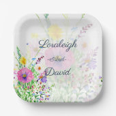 カラフルな春の野の花をあしらったオーダーメイドのウェディング ペーパープレート (正面)