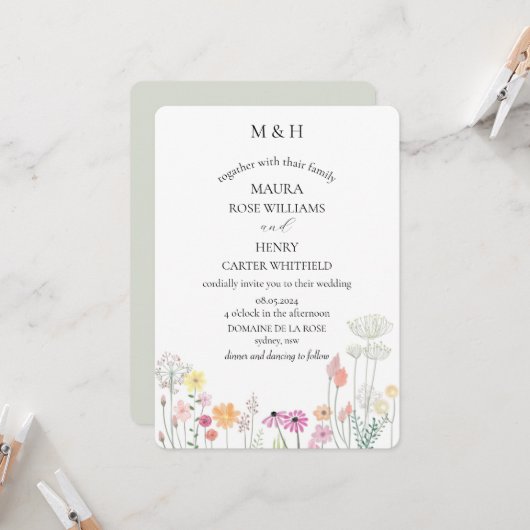 カラフルな春の野花モノグラム 招待状 (正面/裏面インサイチュ)