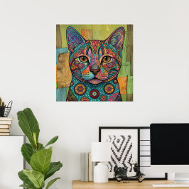 カラフルな曼荼羅の猫の肖像画　鮮やかな壁のアート ポスター