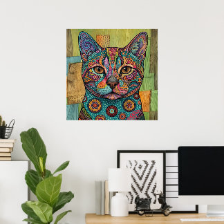 カラフルな曼荼羅の猫の肖像画 鮮やかな壁のアート ポスター