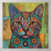カラフルな曼荼羅の猫の肖像画 鮮やかな壁のアート ポスター (正面)