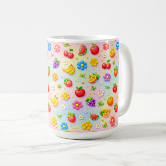 カラフルな果物と花のデザイン コーヒーマグカップ (正面右)