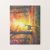 カラフルな森の紅葉と鹿のアート ジグソーパズル (縦)