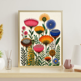 カラフルな植物画 花の庭のイラスト ポスター