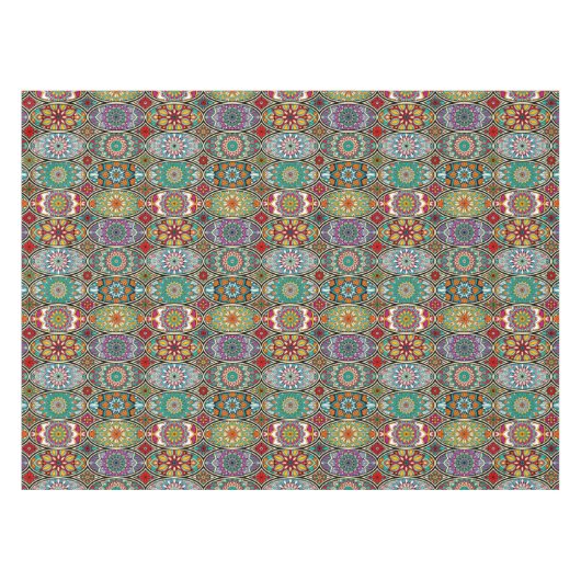 カラフルな楕円形のさまざまな曼荼羅の花柄パターン テーブルクロス (正面(横))