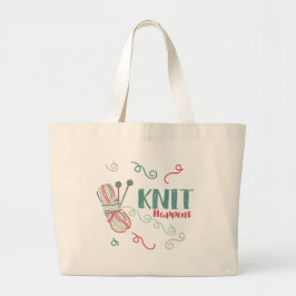 カラフルな毛糸の編み物ユーモア「Knit Happens」 ラージトートバッグ