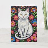 カラフルな民俗芸術の花の中の白猫 カード (正面)