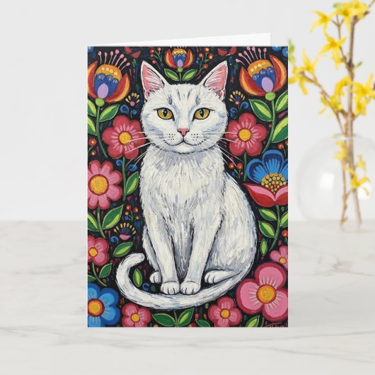 カラフルな民俗芸術の花の中の白猫 カード (黄色い花)