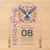 カラフルな民芸ハチドリの誕生日パーティー アクリル招待状 (正面)