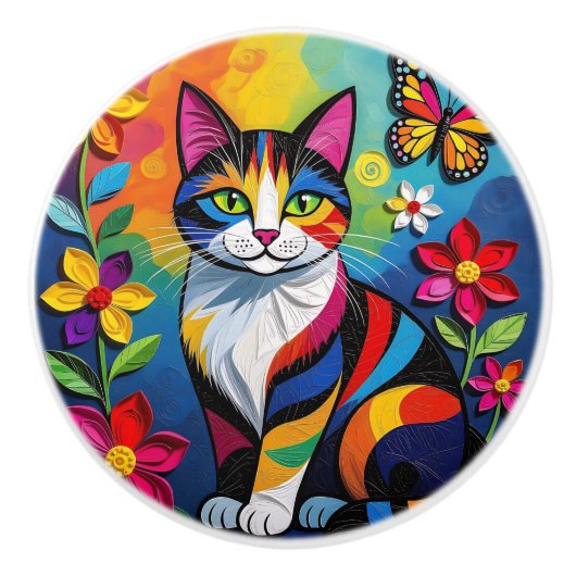カラフルな民芸風の猫 セラミックノブ (正面)