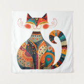 カラフルな民芸風の猫 タペストリー (正面)