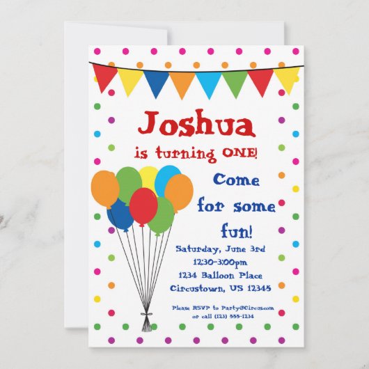 カラフルな気球、サーカスのカーニバルの誕生会 招待状 (正面)