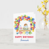 カラフルな水彩の誕生日風船 カード (黄色い花)