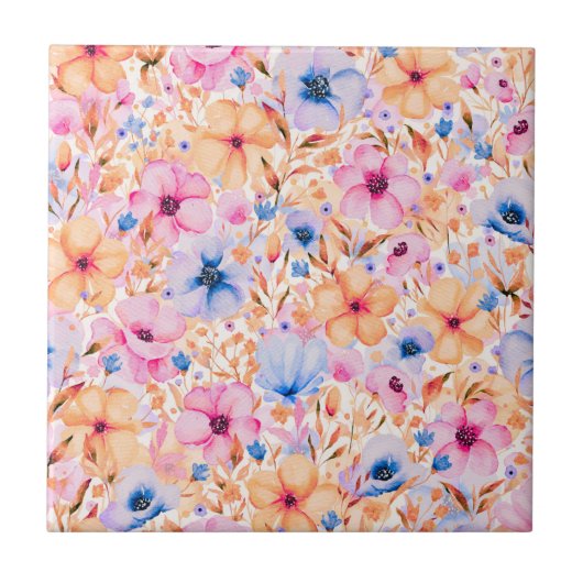 カラフルな水彩の野の花のフラワーパターン タイル (正面)