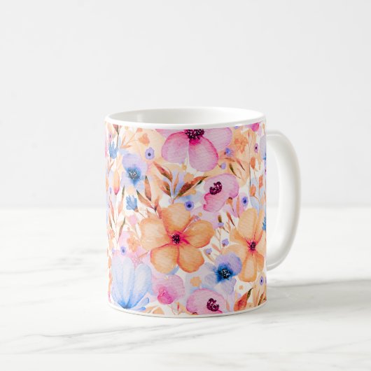 カラフルな水彩の野の花 フラワーパターン コーヒーマグカップ (正面右)