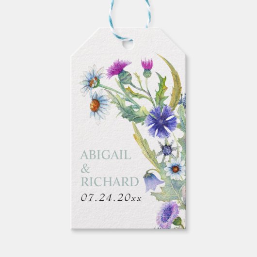 カラフルな水彩の野生の花をあしらった春のウェディング ギフトタグ (正面)