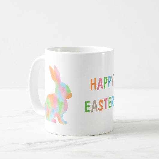 カラフルな水彩ウサギとHAPPY EASTERのテキスト コーヒーマグカップ (正面左)