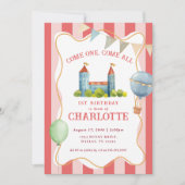 カラフルな水彩サーカスベイビー 1歳の誕生日パーティー 招待状 (正面)