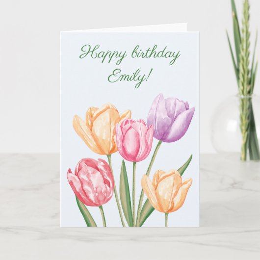 カラフルな水彩チューリップの花 誕生日おめでとう カード (正面)