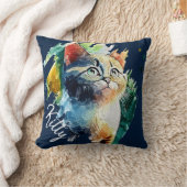 カラフルな水彩猫の肖像画 2 in 1  クッション (ブランケット)