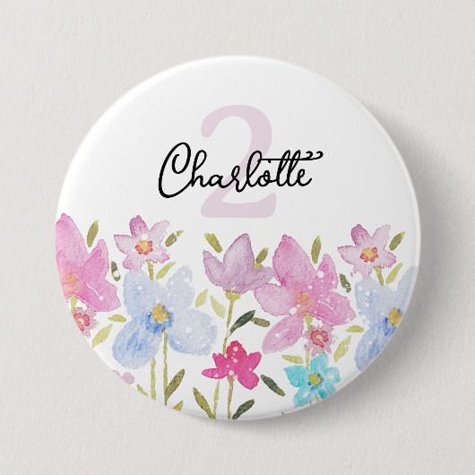 カラフルな水彩画のかわいい野の花のモノグラム 缶バッジ (正面)